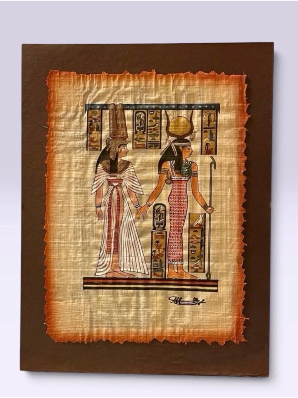 Hand-painted Egyptian Papyrus Art Queen Nefertari Guided by the Goddess Isis